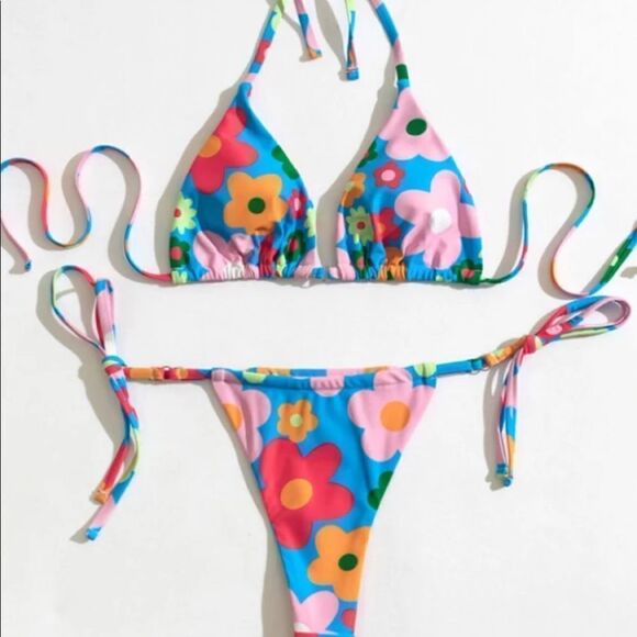 NEW! Y2K Retro Floral Print Stringy O-Ring Detail Triangle Bikini /5 Styles in 1 - Picture 7 of 14
